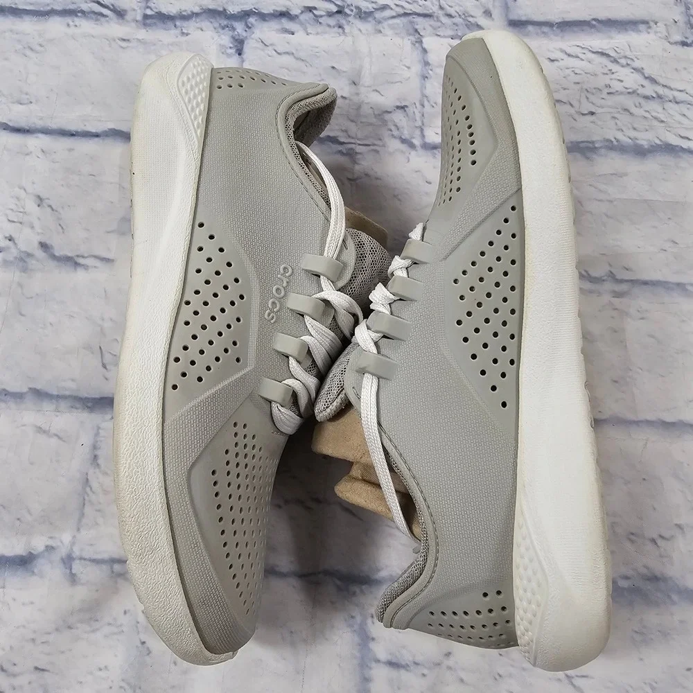 Crocs LiteRide Pacer Sneakers Womens 8 Light Gray White Breathable Lace Up Shoes